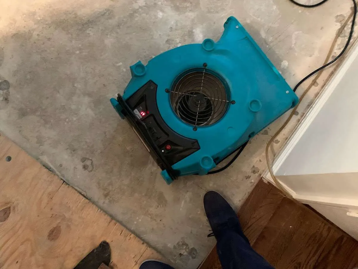Air mover drying subfloor during Commercial Water Damage Restoration in Hondo